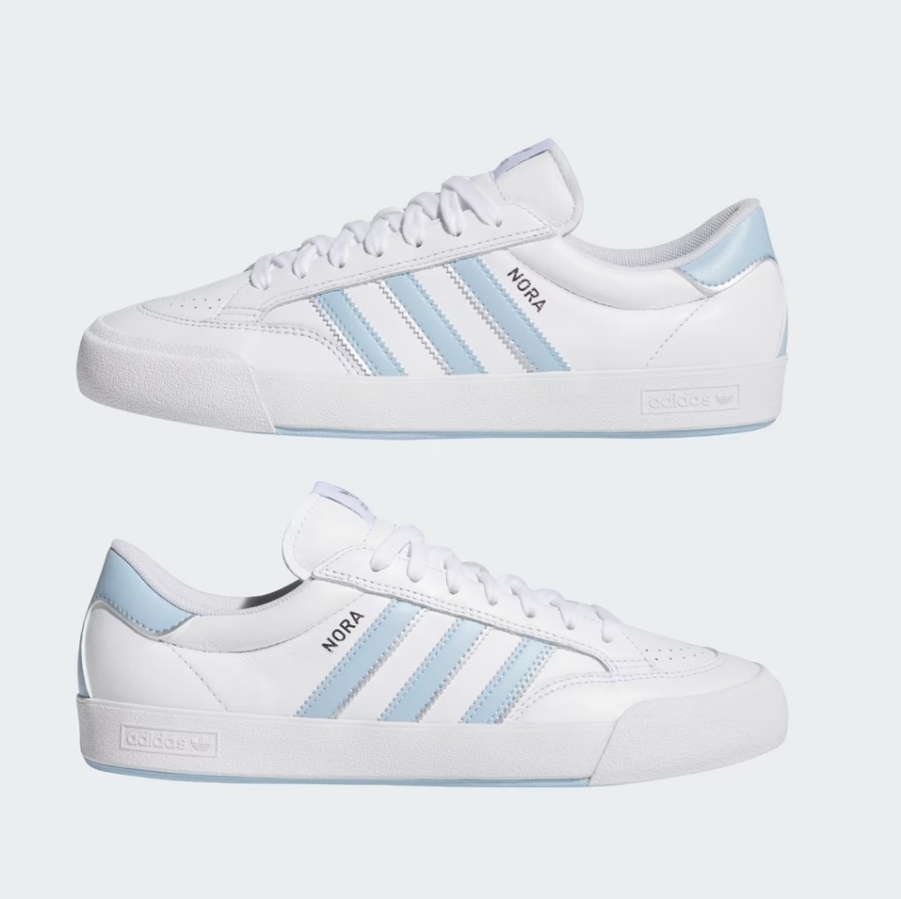 NWT Unisex Adidas Nora White Sneakers with Light Blue Stripes